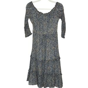 Anthropologie Kira Off Shoulder Floral‎ Midi Dress Tiered Ruffle Waist Tie US 2